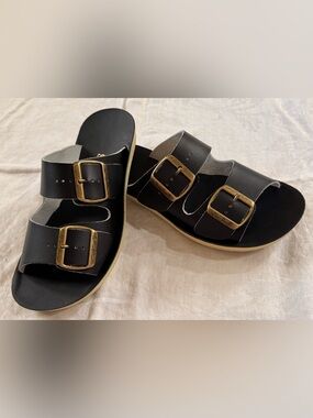 Salt Water Sandals Sun-San Boardwalk Leather Slide Mules Black 6